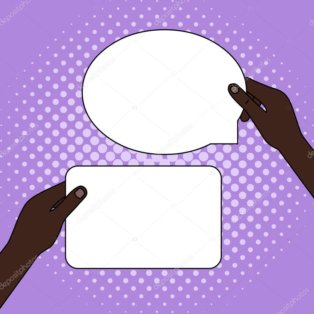 Hands Holding Two Empty Tablets One Rectangular in Left Hand Another in Form of Oval Speech Bubble in Right One. Creative Background Space for Texting