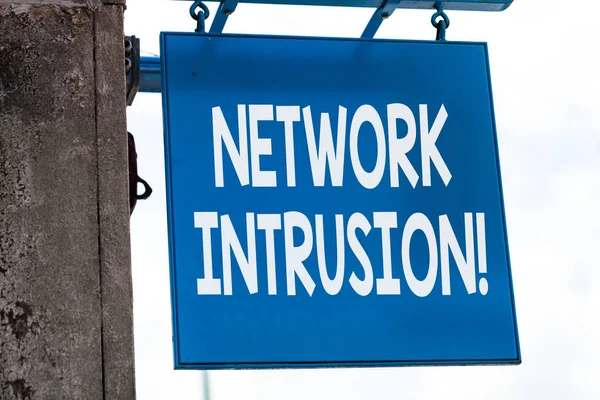 Writing note showing Network Intrusion. Business photo showcasing device or software application that monitors a network.