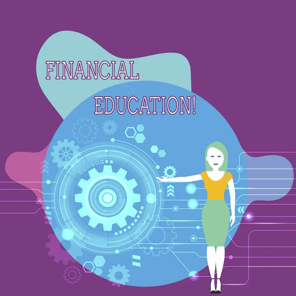 Signo de texto que muestra Educación Financiera. Educación conceptual fotográfica y comprensión de diversas áreas financieras Mujer de pie y presentando el proceso SEO con engranaje de rueda dentada dentro . —  Fotos de Stock