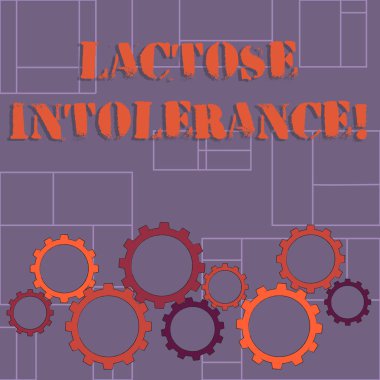 Laktoz Intoleransı gösteren bir metin işareti. Vücudun laktoz Renkli Dişli Tekerlek Dişli Çekici, Kilitleme ve Tesselating Düz Stil sindirmek mümkün değildir Kavramsal fotoğraf sindirim sorunu.