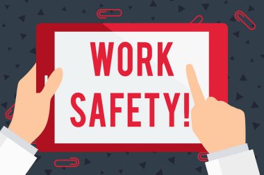 El yazısı metin İş Güvenliği. Çalışanların sağlığını sağlamak için uygulanan politika ve prosedürlerin kavramı İşadamı El Ele Tutuşma, İşaret leme ve Dokunmarenkli Tablet Boş Ekranı.