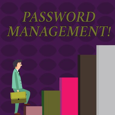 Parola Yönetimini gösteren metin işareti. Kullanıcıların parolaları daha iyi analiz etmelerine yardımcı olmak için kullanılan kavramsal fotoğraf yazılımı Evrak Çantası Taşıyan İşadamı, Yükselirken Düşünceli İfade 'de.