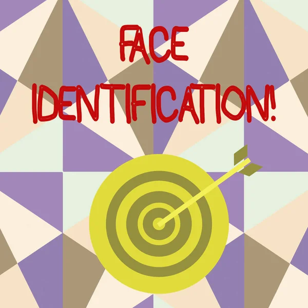 Writing note showing Face Identification. Business photo showcasing analyzing patterns based on the demonstrating s is facial contours Dart Board in Concentric Style with Arrow Hitting the Center — Stock Photo, Image