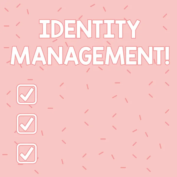 Text sign showing Identity Management. Conceptual photo administration of individual identities within a system Pink Tiny Sprinkles Confetti Scattered in Random on Lighter Shade Backdrop. — Stock Photo, Image