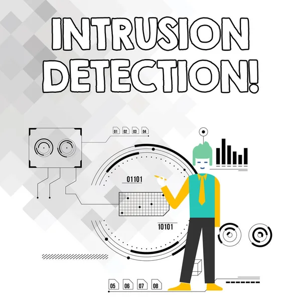 Написання тексту Intrusion Detection. Бізнес-концепція моніторингу мережі або системи для шкідливої діяльності Man Standing Pen Pointing to Chart Diagram with Seo Process Icons. — стокове фото