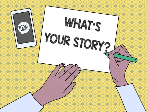 Tekst pisma ręcznego What S Your Story Pytanie. Koncepcja oznaczająca zademonstrowanie swojej kariery lub wydarzeń z poprzedniego życia. — Zdjęcie stockowe