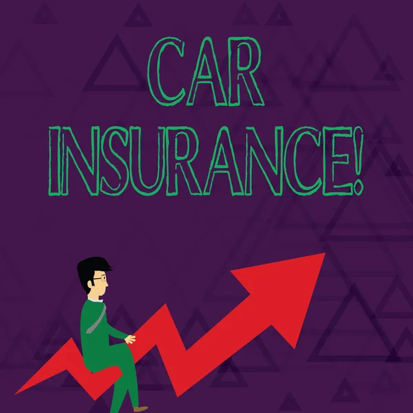 Schriftstück, das die Autoversicherung zeigt. Geschäftsfoto mit Schutz vor finanziellen Verlusten im Falle eines Unfalls Geschäftsmann mit Brille reitet schiefen Pfeil nach oben. — Stockfoto