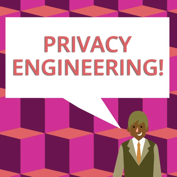 Text sign showing Privacy Engineering. Conceptual photo engineered systems provide acceptable levels of privacy Businessman Smiling and Talking with Blank Rectangular Color Speech Bubble. — Stock Photo, Image