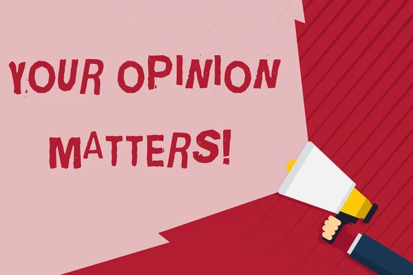 Handwriting text writing Your Opinion Matters. Concept meaning show you do not agree with something that just been said Hand Holding Megaphone with Blank Wide Beam for Extending the Volume Range.