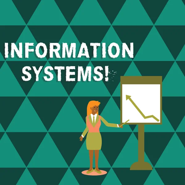 Schreibnotiz, die Informationssysteme zeigt. Business-Foto präsentiert Studie von Systemen mit einem genauen Verweis auf Informationen Frau halten Stock zeigt auf das Diagramm des Pfeils auf Whiteboard. — Stockfoto