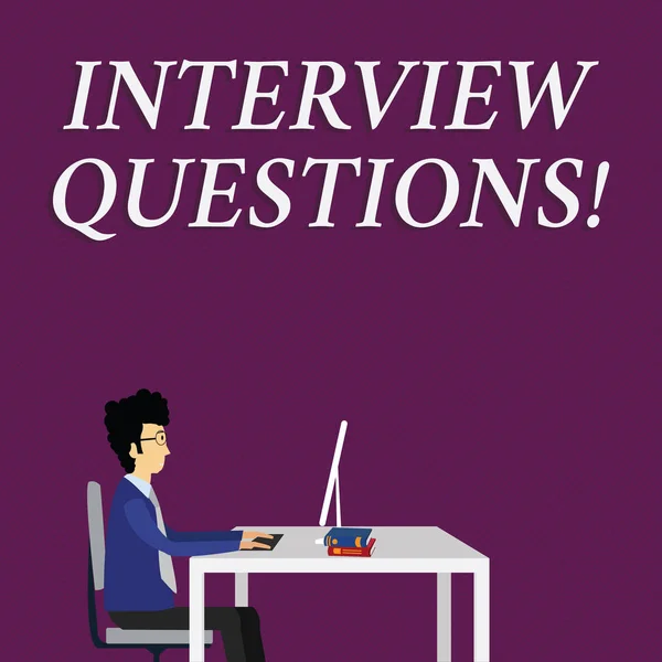 Writing note showing Interview Questions. Business photo showcasing Typical topic being ask or inquire during an interview Businessman Sitting on Chair Working on Computer and Books.