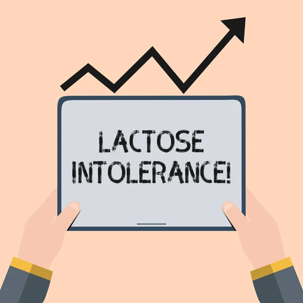 Handwriting text writing Lactose Intolerance. Concept meaning digestive problem where body is unable to digest lactose Hand Holding Blank Screen Tablet under Black Progressive Arrow Going Upward.