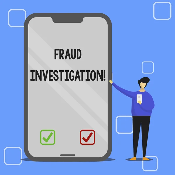 Handwriting text writing Fraud Investigation. Concept meaning process of determining whether a scam has taken place Man Presenting Huge Blank Screen Smartphone while Holding Another Mobile. — Stock Photo, Image