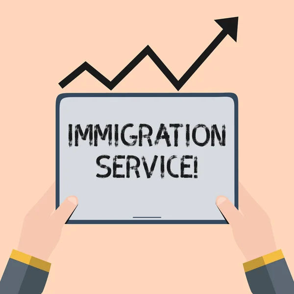 Handwriting text writing Immigration Service. Concept meaning responsible for law regarding immigrants and immigration Hand Holding Blank Screen Tablet under Black Progressive Arrow Going Upward.