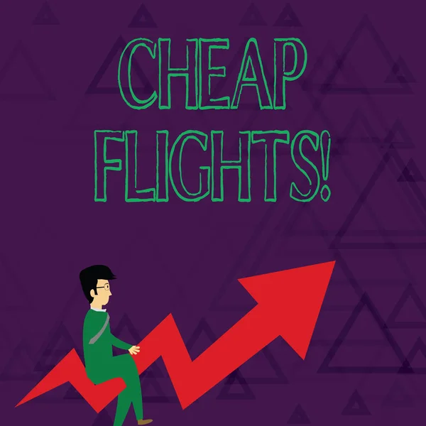 Writing note showing Cheap Flights. Business photo showcasing costing little money or less than is usual or expected airfare Businessman with Eyeglasses Riding Crooked Arrow Pointing Up. — Stock Photo, Image