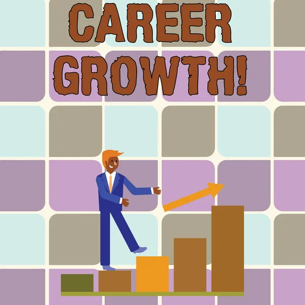 Handwriting text writing Career Growth. Concept meaning the process of making progress to better jobs or career Smiling Businessman Climbing Colorful Bar Chart Following an Arrow Going Up. — Stock Photo, Image