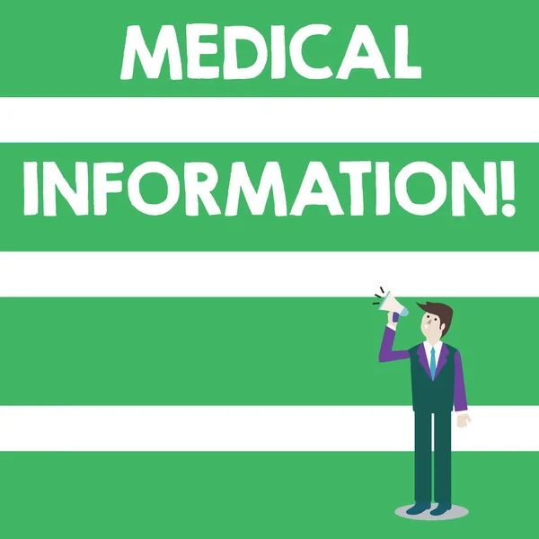 의료 정보를 보여주는 텍스트 기호입니다. 볼륨 아이콘으로 메가폰을 들고 이야기하는 환자 또는 시연 사업가의 개념 사진 건강 관련 정보. — 스톡 사진