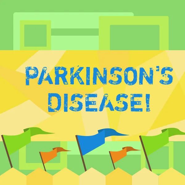 Manuscrito texto escrevendo Parkinson S Is Disease. Conceito que significa distúrbio do sistema nervoso que afeta o movimento Branco Sólido Colorido Pennant Streamer Flag na vara montado na cerca de picareta . — Fotografia de Stock