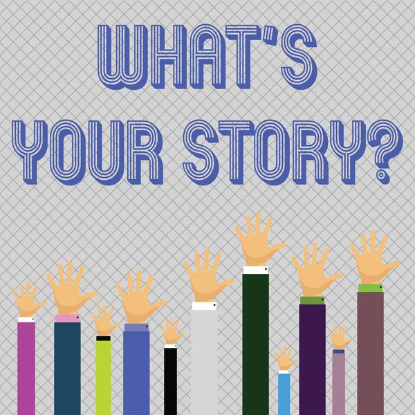 显示您的故事问题是什么的文本符号。概念照片询问展示他过去的生活行动事业或事件 手几个商人抬起头，手掌面对 — 图库照片