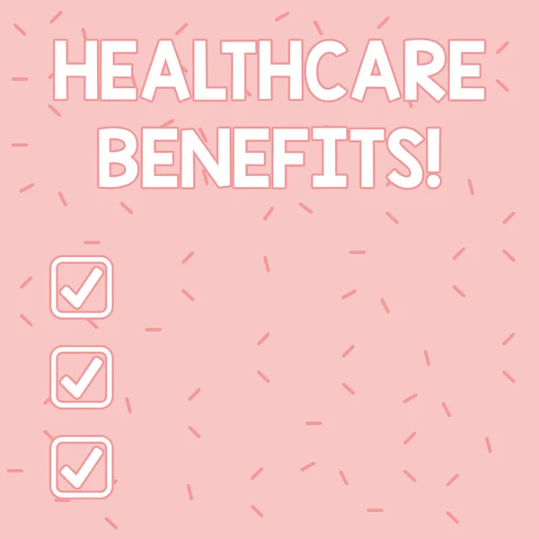 Text sign showing Healthcare Benefits. Conceptual photo use the health services without risk of financial ruin Pink Tiny Sprinkles Confetti Scattered in Random on Lighter Shade Backdrop.