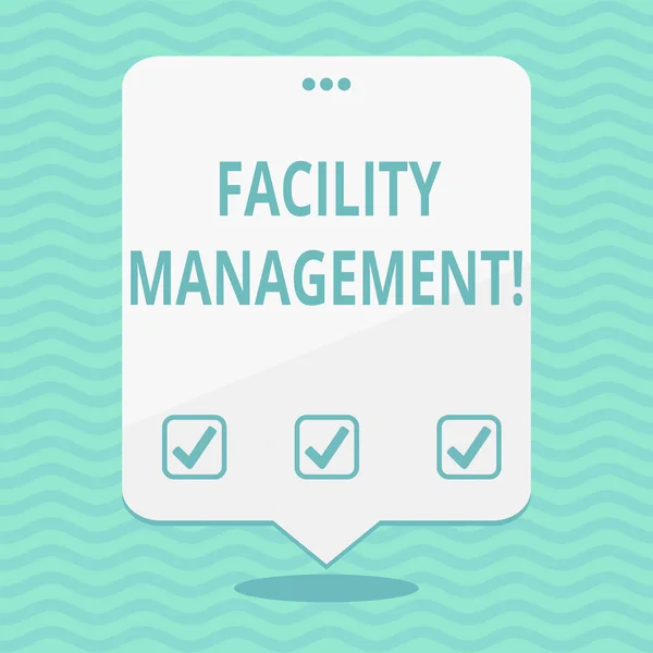 Text sign showing Facility Management. Conceptual photo maintenance of an organization s is buildings and equipment Blank Space White Speech Balloon Floating with Three Punched Holes on Top.