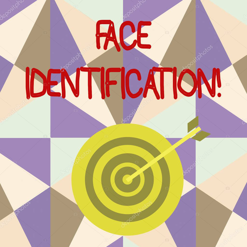 Writing note showing Face Identification. Business photo showcasing analyzing patterns based on the demonstrating s is facial contours Dart Board in Concentric Style with Arrow Hitting the Center