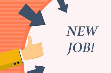 Kelime yazma metni Yeni İş. İş konsepti: Düzenli istihdam için maaş alan El Hareketleri Başparmaklar Yukarı ve Boş Alan Yuvarlak Şeklinde Oklarla Tutma.