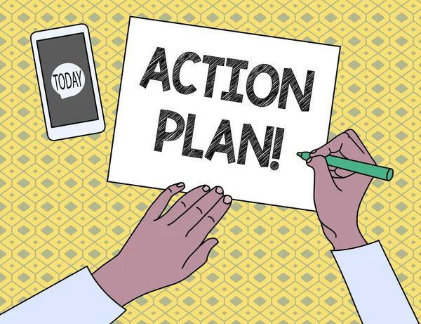 Escribir texto a mano Plan de Acción. Concepto que significa estrategia propuesta o curso de acciones durante cierto tiempo . —  Fotos de Stock