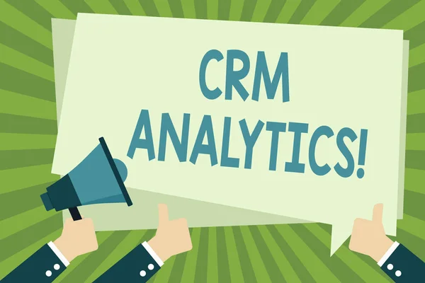 Handwriting text writing Crm Analytics. Concept meaning applications used to evaluate an organization s is customer data Hand Holding Megaphone and Other Two Gesturing Thumbs Up with Text Balloon.