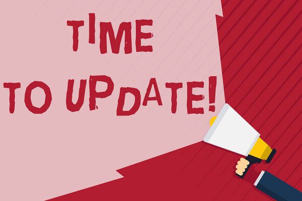 Почерк написания текста Время обновления. Концепция означает, что это подходящий момент, чтобы сделать что-то более современное новый ручной холдинг мегафон с холостым широким лучом для расширения диапазона громкости
.