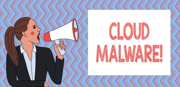 Cloud Malware 'i gösteren bir not yazıyorum. Bir bilgisayar için zararlı olan kötü niyetli yazılım dosyası veya programı gösteren iş fotoğrafı. — Stok fotoğraf