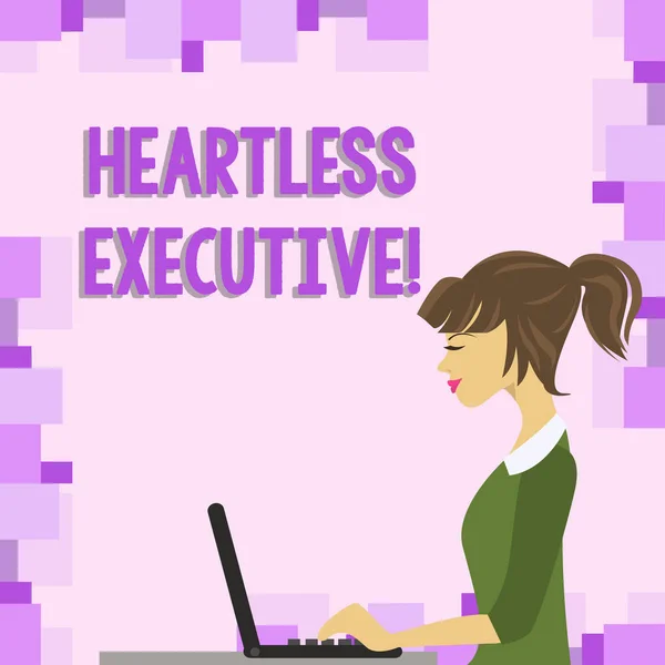 Word writing text Heartless Executive. Business concept for workmate showing a lack of empathy or compassion photo of Young Busy Woman Sitting Side View and Working on her Laptop.