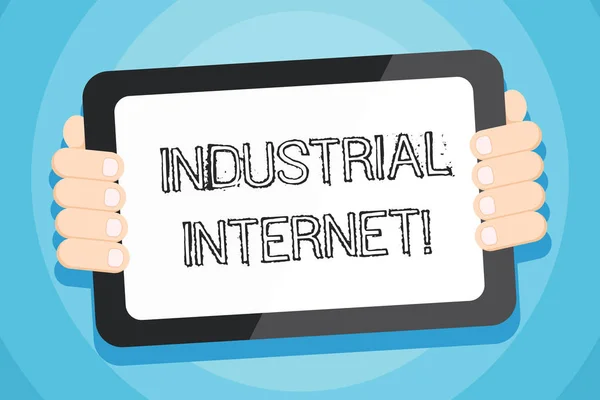 Text sign showing Industrial Internet. Conceptual photo use of the internet of things in industrial sectors Color Tablet Smartphone with Blank Screen Handheld from the Back of Gadget.