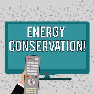 Sözcük yazma Enerjisi Koruma. Boş Geniş Renkli PC Ekranı Önünde Elle Tutulan Bilgisayar Uzaktan Kontrolünde Tüketilen Enerji miktarını Azaltma konsepti.