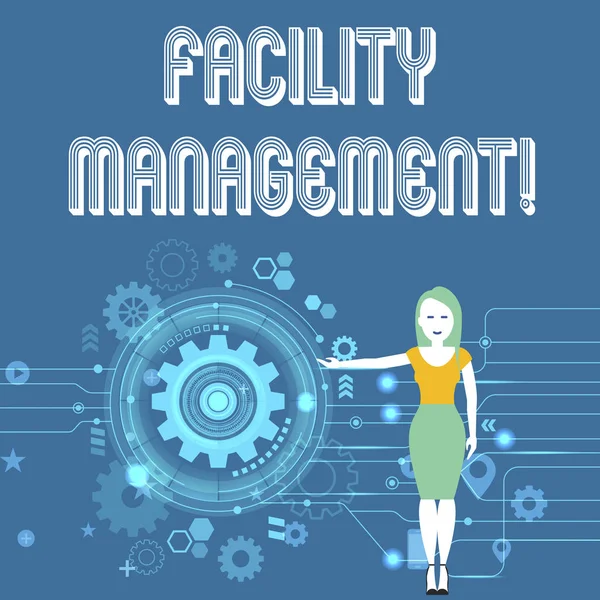 Text sign showing Facility Management. Conceptual photo maintenance of an organization s is buildings and equipment Woman Standing and Presenting the SEO Process with Cog Wheel Gear inside.