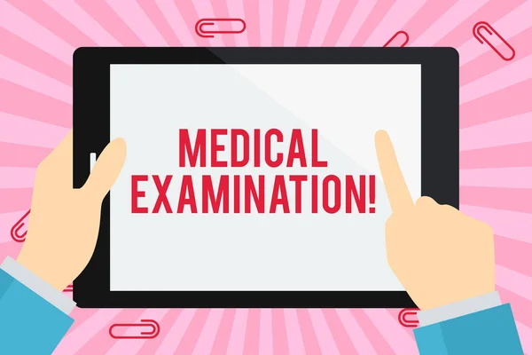 Word writing text Medical Examination. Business concept for Checkup carried out to determine the physical fitness Businessman Hand Holding, Pointing and Touching Colorful Tablet Blank Screen. — 스톡 사진