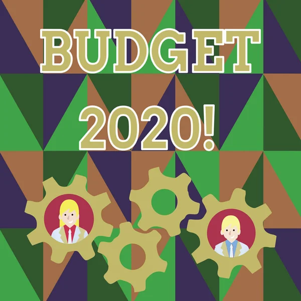 Text sign showing Budget 2020. Conceptual photo estimate of income and expenditure for next or current year Two Business People Each Inside Colorful Cog Wheel Gears for Teamwork Event.