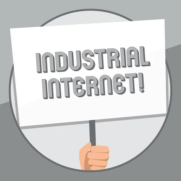 Textverarbeitung industrielles Internet. Geschäftskonzept für die Nutzung des Internets der Dinge in Industriesektoren Hand in Hand mit leerem weißen Plakat, das von einem Griff für das soziale Bewusstsein unterstützt wird. — Stockfoto