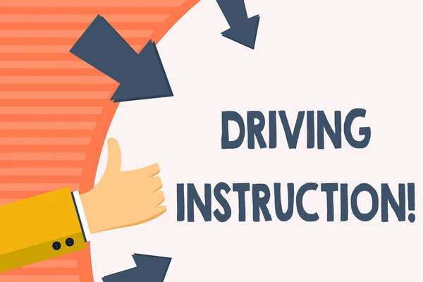 Word writing text Driving Instruction. Business concept for detailed information on how driving should be done Hand Gesturing Thumbs Up and Holding on Blank Space Round Shape with Arrows.