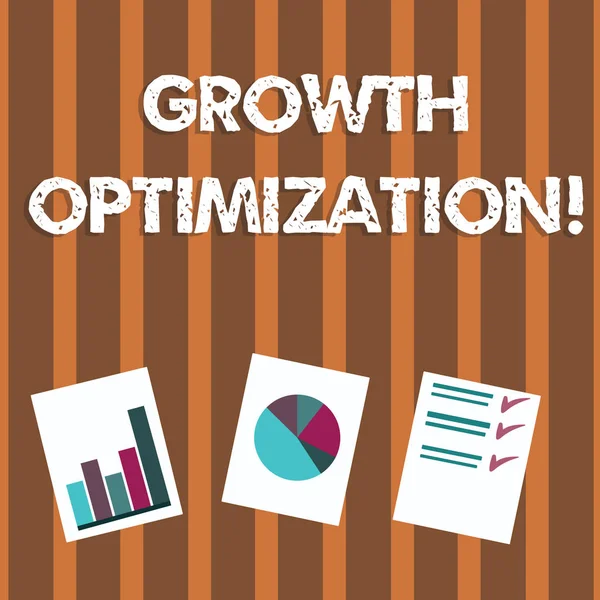 Text sign showing Growth Optimization. Conceptual photo Finding an alternative with the most cost effective Presentation of Bar, Data and Pie Chart Diagram Graph Each on White Paper.