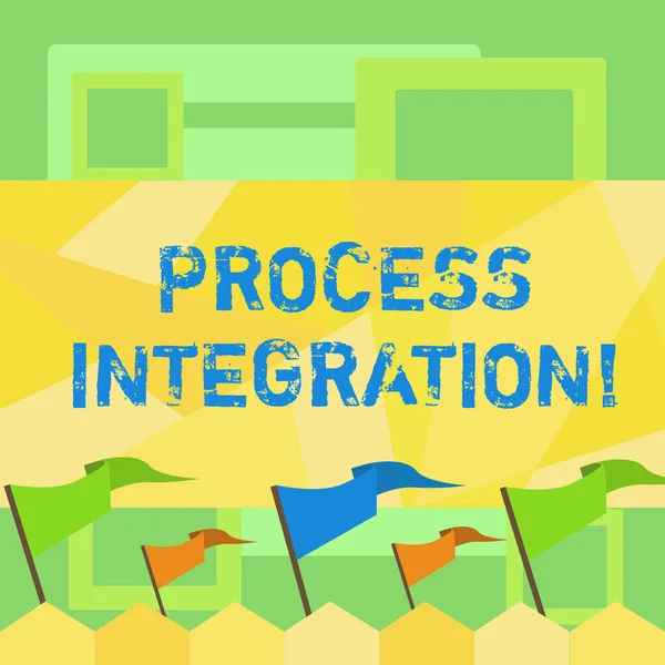 Handwriting text writing Process Integration. Concept meaning sharing of data and events between business processes Blank Solid Colorful Pennant Streamer Flag on Stick Mounted on Picket Fence.