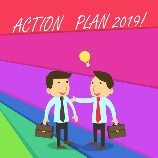 Escrever texto plano de ação 2019. Conceito significado proposto estratégia ou curso de ações para o ano em curso . — Fotografia de Stock