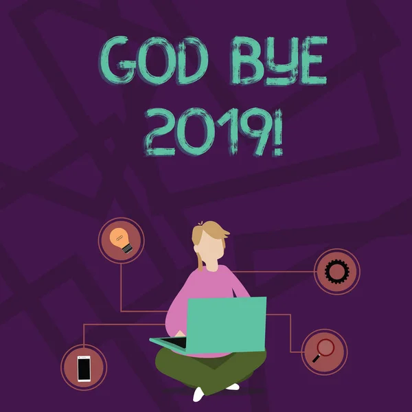 Handwriting text writing God Bye 2019. Concept meaning express good wishes when parting or at the end of last year Woman Sitting Crossed Legs on Floor Browsing the Laptop with Technical Icons.