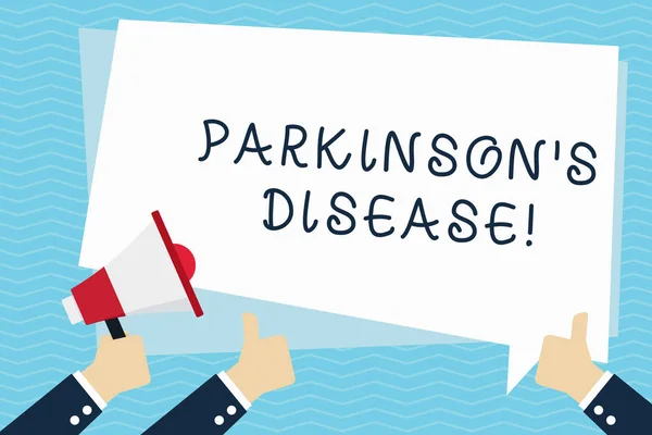 Escrita de mão conceitual mostrando Parkinson S é doença. Texto para fotos de negócios distúrbio do sistema nervoso que afeta o movimento Hand Holding Megaphone e Gesturing Thumbs Up Text Balloon . — Fotografia de Stock