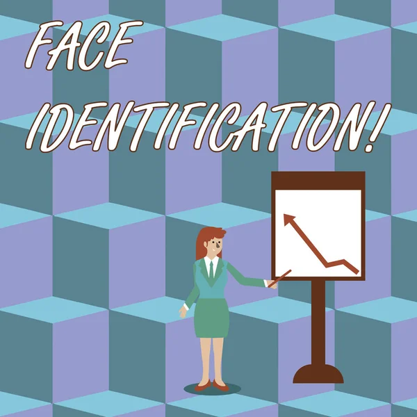Handwriting text Face Identification. Concept meaning analyzing patterns based on the demonstrating s is facial contours Businesswoman Holding Stick Pointing to Chart of Arrow Upward on Whiteboard.