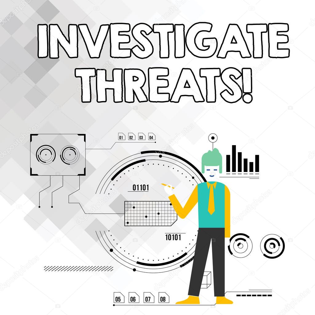Word writing text Investigate Threats. Business concept for carry out a systematic inquiry on potential danger Man Standing Holding Pen Pointing to Chart Diagram with SEO Process Icons.