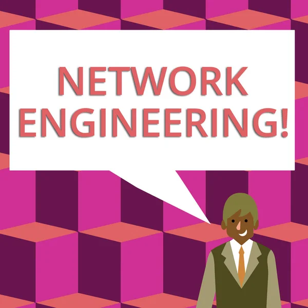 Text sign showing Network Engineering. Conceptual photo field concerned with internetworking service requirement Businessman Smiling and Talking with Blank Rectangular Color Speech Bubble.