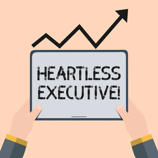 Handwriting text writing Heartless Executive. Concept meaning workmate showing a lack of empathy or compassion Hand Holding Blank Screen Tablet under Black Progressive Arrow Going Upward.