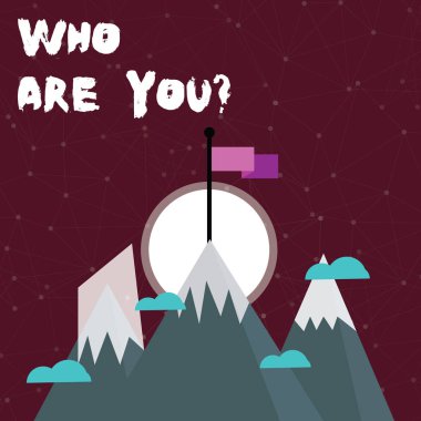 Kelime yazma metni Kim Sorguluyorsun? İş konsepti, birisi hakkında kimlik sormak ya da bilgi göstermek için Kar ile Üç Yüksek Dağ ve Bir Tepe 'de Boş Renkli Bayrak.