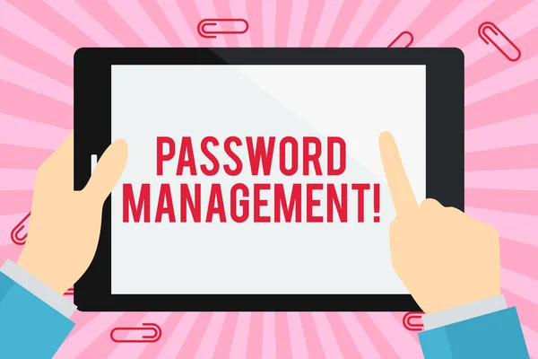 Word writing text password management. Business-Konzept für Software verwendet, um Benutzern eine bessere Analyse Passwörter Geschäftsmann Hand halten, Zeigen und Berühren bunten Tablet leeren Bildschirm helfen. — Stockfoto